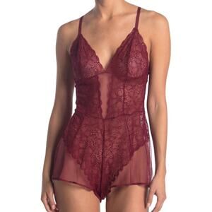 DKNY Mixed Cases Lace & Mesh Romper Crimson Womens Large Teddy Lingerie